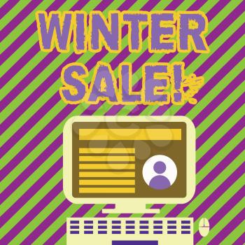 Handwriting text writing Winter Sale. Conceptual photo occasion when shop sells things at less than their normal price Desktop Computer Mounted on Stand with Online Profile Data on Monitor Screen