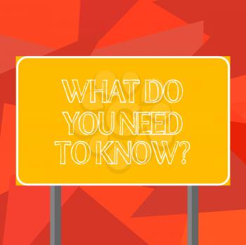 Word writing text What Do You Need To Knowquestion. Business concept for Tell us things for learning Knowledge Blank Rectangular Outdoor Color Signpost photo with Two leg and Outline