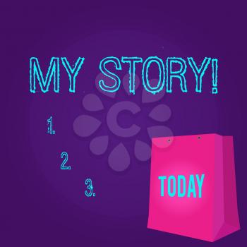 Word writing text My Story. Business photo showcasing your past life events actions career or choices you have made Color Gift Bag with Punched Hole but Without Handle on Twotone Blank Space