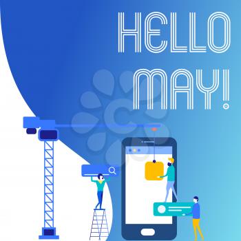 Text sign showing Hello May. Business photo text welcoming fifth month year considered last month of spring Staff Working Together for Common Target Goal with SEO Process Icons