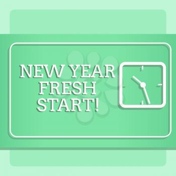 Writing note showing New Year Fresh Start. Business concept for Time to follow resolutions reach out dream job Modern Design of Square Clock on Two Tone Pastel Backdrop
