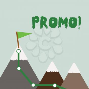 Text sign showing Promo. Business photo text Piece of advertising Discount Special Offer Sale Three Mountains with Hiking Trail and White Snowy Top with Flag on One Peak