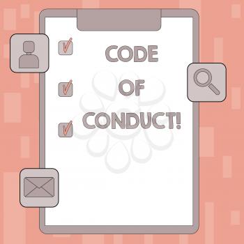 Writing note showing Code Of Conduct. Business concept for Follow principles and standards for business integrity Clipboard with Tick Box and Apps for Assessment and Reminder