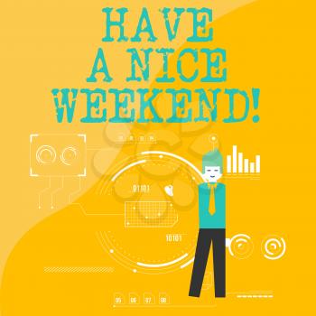 Text sign showing Have A Nice Weekend. Business photo showcasing wishing someone that something nice happen holiday Man Standing Holding Pen Pointing to Chart Diagram with SEO Process Icons