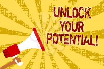 Conceptual hand writing showing Unlock Your Potential. Business photo text improve self awareness Skills to Achieve more Man holding megaphone loudspeaker grunge yellow important messages