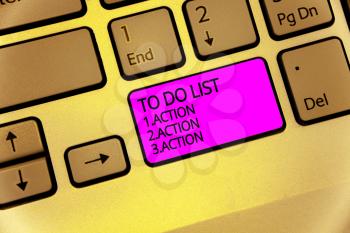 Handwriting text To Do List 1.Action 2.Action 3.Action. Concept meaning putting day priorities in order Keyboard purple key Intention create computer computing reflection document