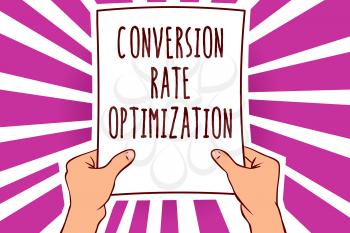 Text sign showing Conversion Rate Optimization. Conceptual photo system for increasing percentage of visitors Man holding paper important message remarkable purple rays enlighten ideas