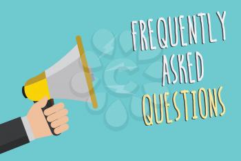 Text sign showing Frequently Asked Questions. Conceptual photo inquries that been informed more than one time Man holding megaphone loudspeaker blue background message speaking loud