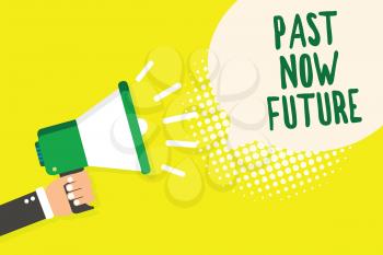 Word writing text Past Now Future. Business concept for Last time Present Following actions Destiny Memories Man holding megaphone loudspeaker speech bubble yellow background halftone