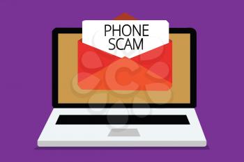 Handwriting text writing Phone Scam. Concept meaning getting unwanted calls to promote products or service Telesales Computer receiving email important message envelope with paper virtual