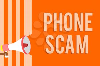 Writing note showing Phone Scam. Business photo showcasing getting unwanted calls to promote products or service Telesales Megaphone loudspeaker orange stripes important message speaking loud