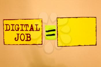 Conceptual hand writing showing Digital Job. Business photo showcasing get paid task done through internet and personal computer Yellow paper notes reminders important messages to remember