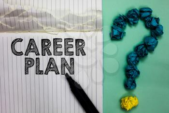 Conceptual hand writing showing Career Plan. Business photo text ongoing process where you Explore your interests and abilities Notebook marker crumpled papers question mark on green background