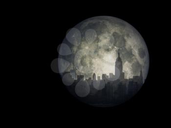 Cityscape reflects in the moon.