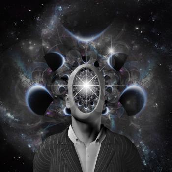 Surreal composition. Space thoughts. Faceless man in cosmic scene