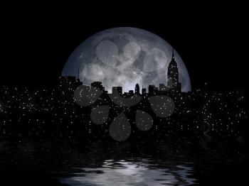 3D rendering. Full moon over night city.