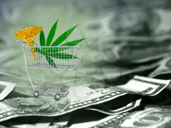Marijuana leaf and caduceus in a cart. US dollars.