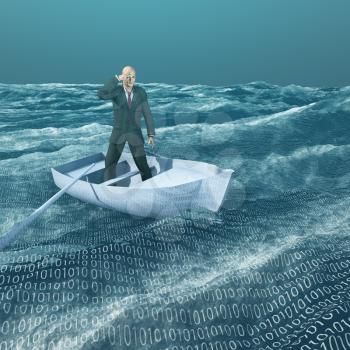 Man Adrift in tiny baot in binary ocean