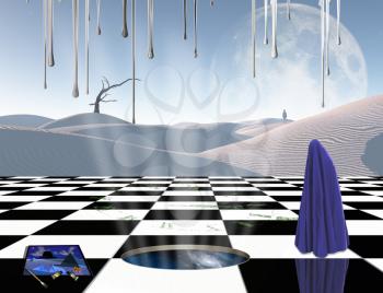 Surrealism. Chessboard with portal to another dimension. Lonely man in a distance. Figure of man covered by purple cloth. White sand dune, giant moon at the horizon. 3D rendering