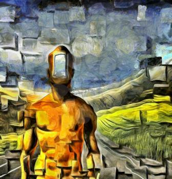 Surreal painting. Naked man with open door instead of face. Road in the field on a background. Square elements.