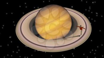 Retro space style. Figure skater on Saturn ring