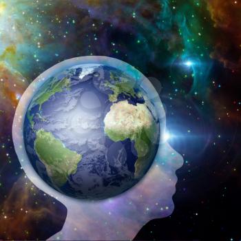 Earth Mind. Planet inside human head silhouette. Deep space background