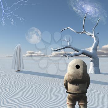 Astronaut stands in surreal white desert. Figure in white clothes