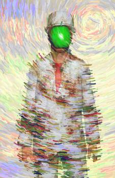 Surreal digital art. Man in white corroded suit with green apple instead of face. Rene Magritte inspired