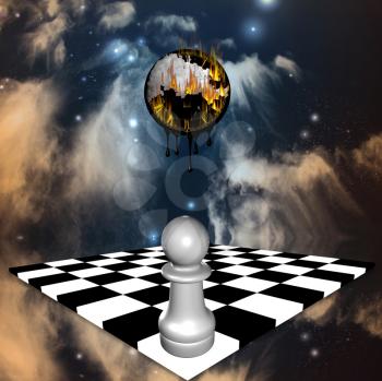 Surreal art. Pawn on chess board. Burning clock