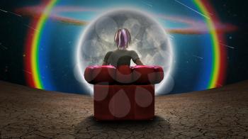 Surreal composition. Girl sits in red armchair and observes moon and rainbow in vivid universe. 3D rendering