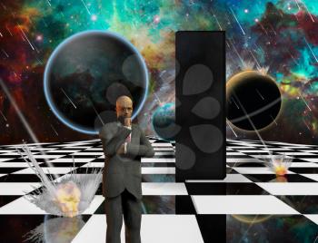 Planetary Armageddon. Massive meteorite - asteroid shower destroy planets. Black mystic monolith and thinking businessman on chessboard. 3D rendering