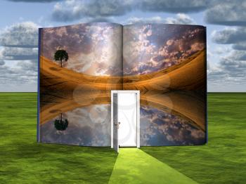 Surrealism. Book with opened door and beautiful landscape.