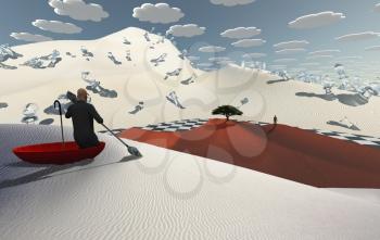 Surreal desert with chess figures. Man in red umbrella floating on white desert. Figure of man in a distance. Green tree at the horizon. 3D rendering