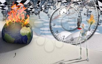 Surreal desert with chess figures. Burning globe, figure of man in a distance. Man flies with umbrella. Alien holds flame in his hand. Spiral of time and winged clocks represents flow of time. 3D rendering