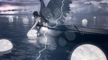 Angel collects floating souls in the water. Thunder strikes. Spiritual composition. 3D rendering