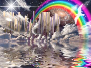 Heavenly City. Rainbow in the sky. 3D rendering