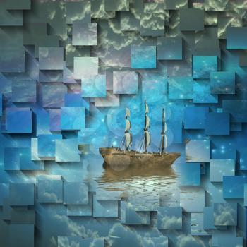 Sailing ship sails through the stars. 3D rendering