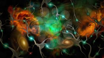 Neurons and galaxies. 3D rendering