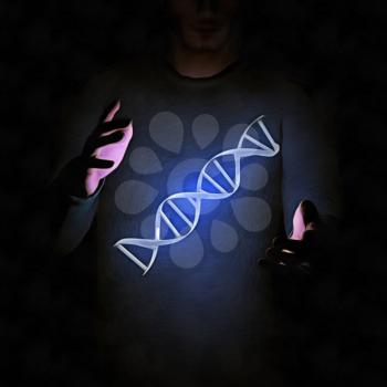 DNA chain between men's hands. 3D rendering