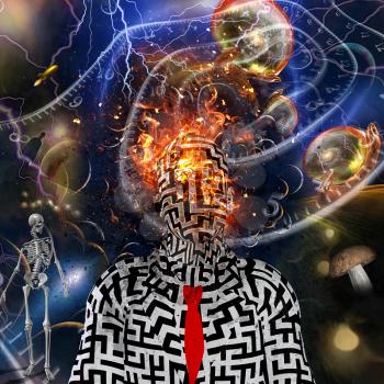 Man with burning head. Surreal space background. 3D rendering
