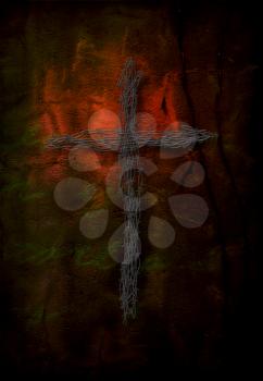 Barbed wire cross. Spiritual composition. 3D rendering.