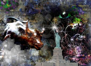Charging bull sculpture and Statue of Liberty. Eye peers out from abstract. 3D rendering.