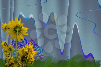 Mountain landscape and yellow flowers. 3D rendering.