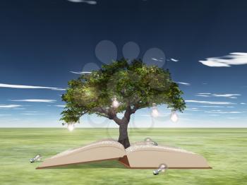 Open book with light bulb tree. 3D rendering