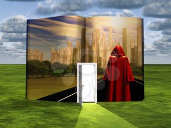 Book with science fiction scene and open doorway of light. 3D rendering