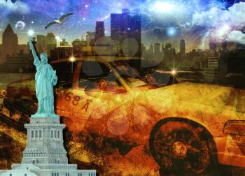 NYC Composition. Yellow cab, Statue of Liberty and Manhattan Skyline. 3D rendering