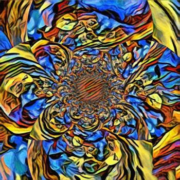 Abstract painting. Mirrored round fractal in multi colors with question signs. 3D rendering