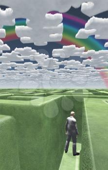 Man in labyrinth. Clouds in shape puzzle. 3D rendering