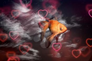 Goldfish and red hearts. Love fish. 3d rendering