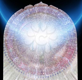 Shining aura and rays of light. Mandala. 3D rendering